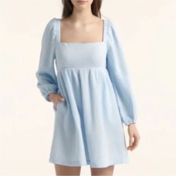 J. Crew Squareneck Soft Gauze Dress Light Pale Blue Long Sleeves sz M - Picture 1 of 6